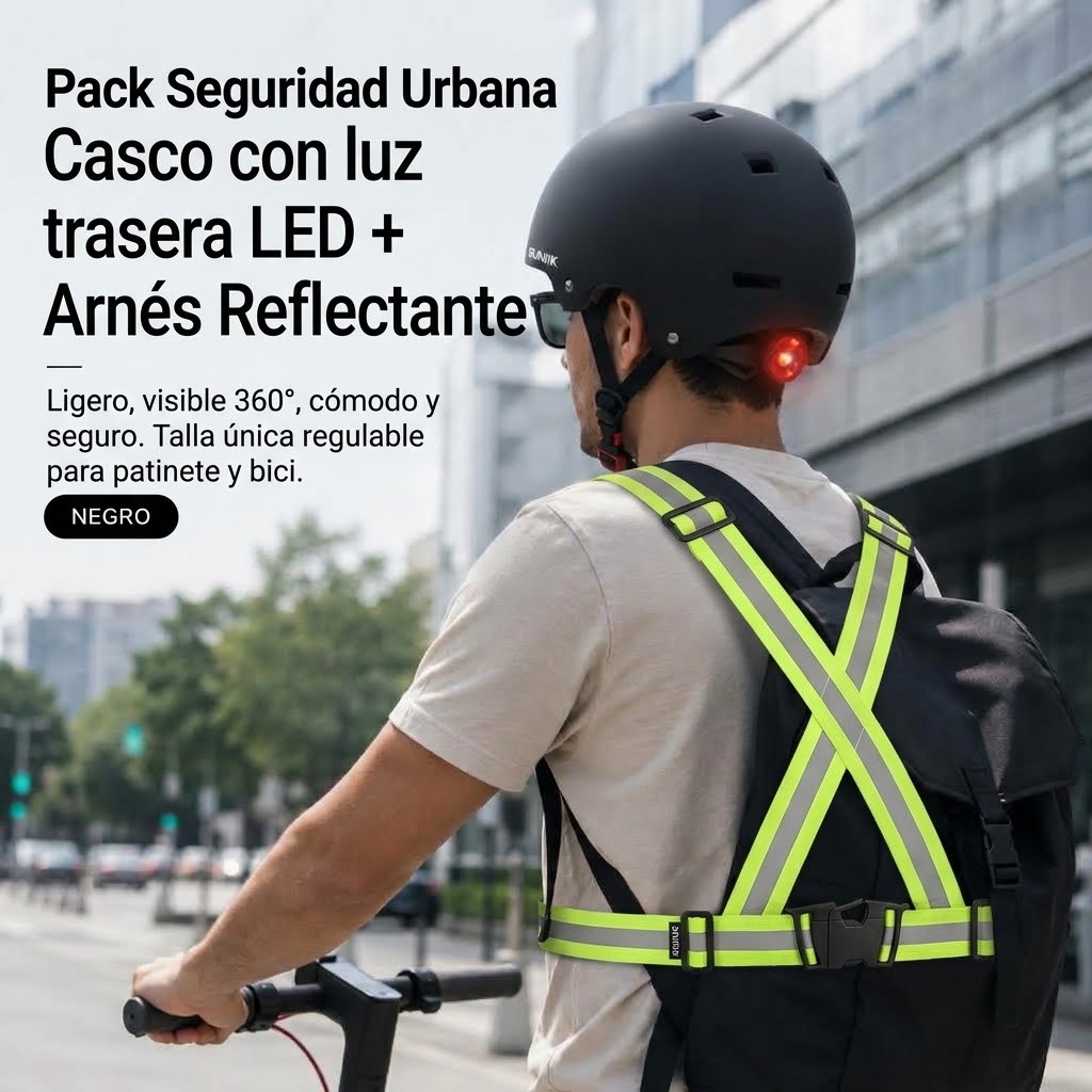 Pack Seguridad Urbana: Casco Regulable con Luz LED + Chaleco Reflectante